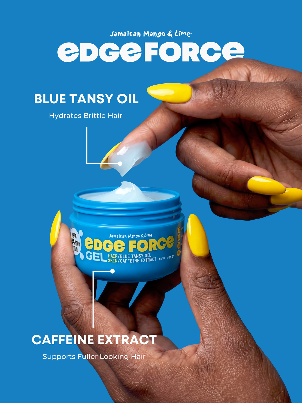 EdgeForce Gel - Blue Tansy Oil 1oz jar flavor callout, hand applying blue gel with brush