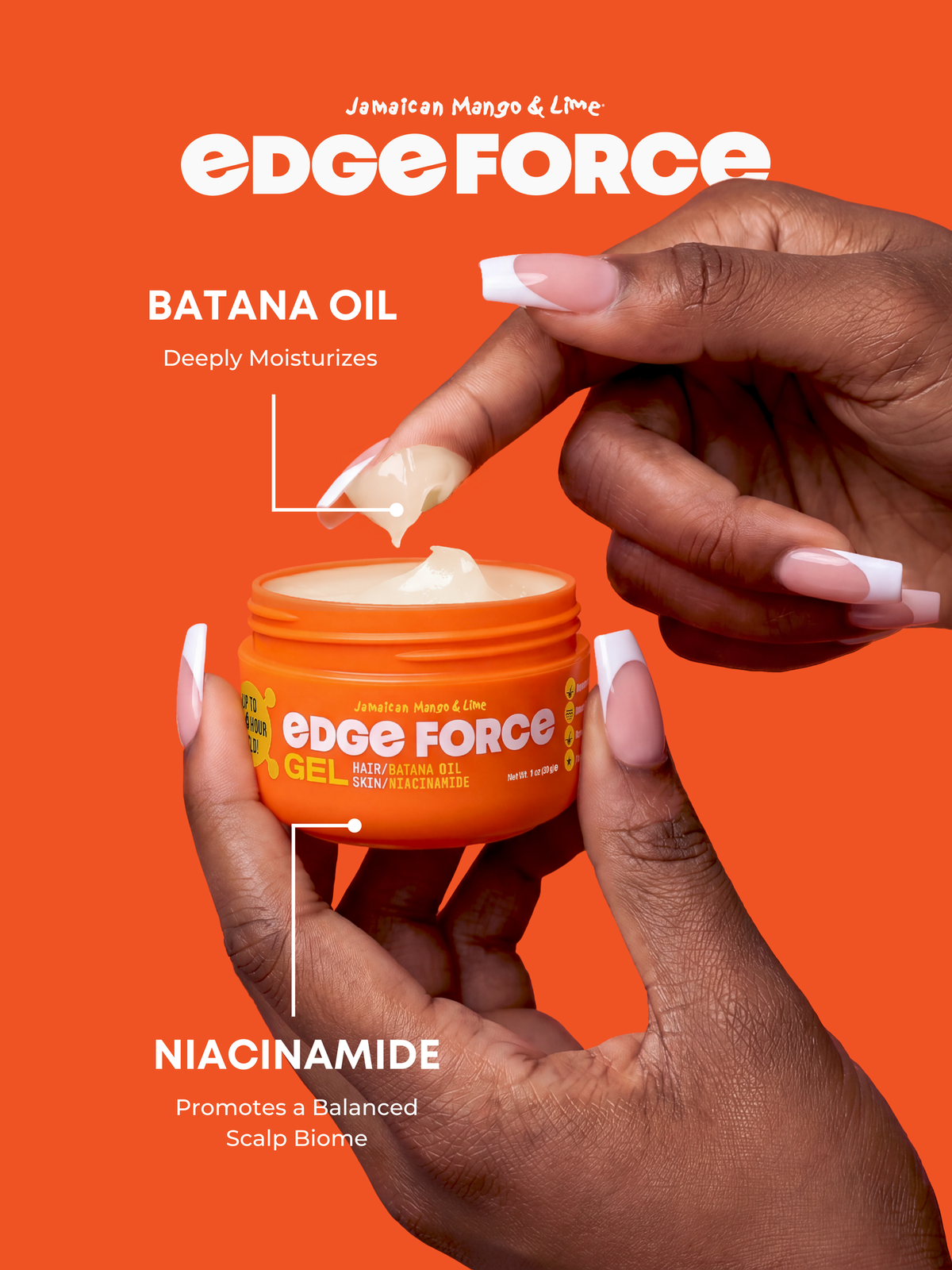 EdgeForce Gel - Batana Oil 1oz jar flavor callout, hands applying orange gel with brush