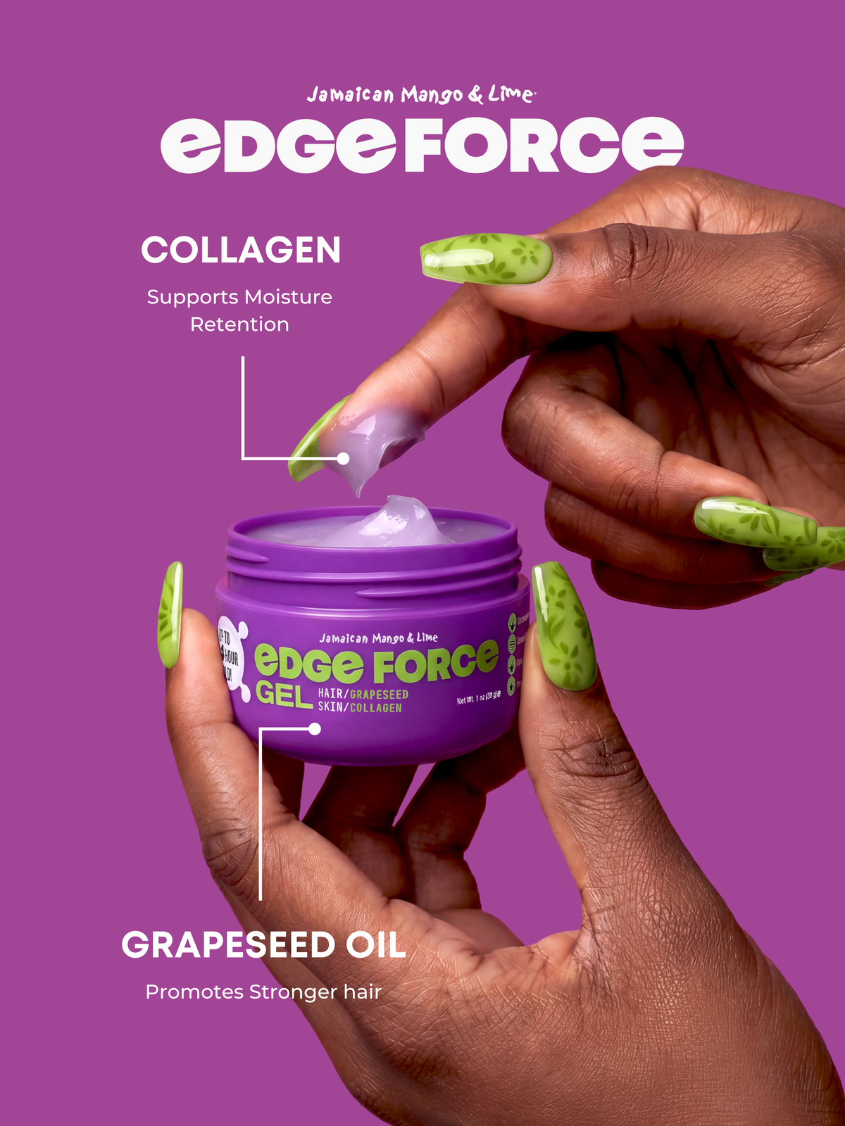 EdgeForce Gel - Grapeseed Oil 1oz jar flavor callout, hand applying purple gel with brush