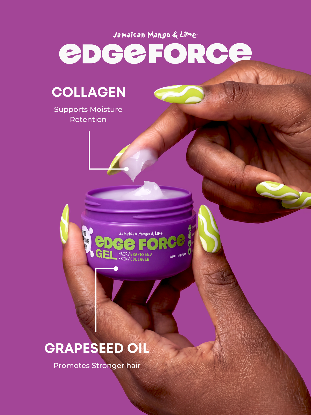 EdgeForce Gel - Grapeseed Oil 1oz jar flavor callout, hand applying purple gel with brush