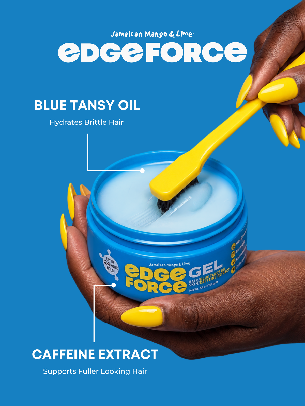 EdgeForce Gel - Blue Tansy Oil 3.4oz jar flavor callout, hand applying blue gel with brush