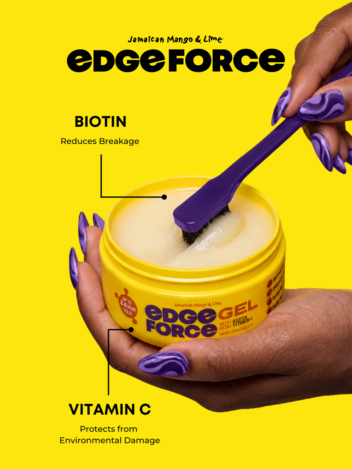 EdgeForce Gel - Biotin 3.4oz jar flavor callout, hand applying yellow gel with brush