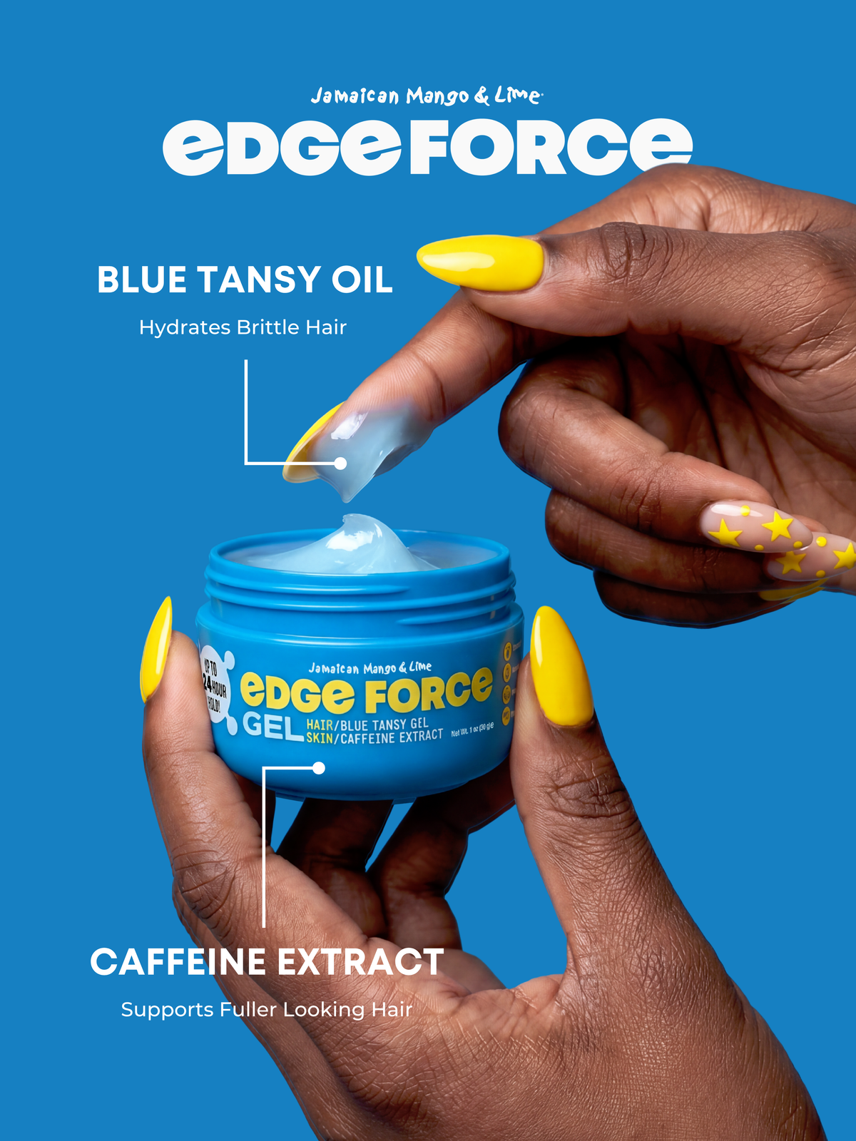 EdgeForce Gel - Blue Tansy Oil 1oz jar flavor callout, hand applying blue gel with brush