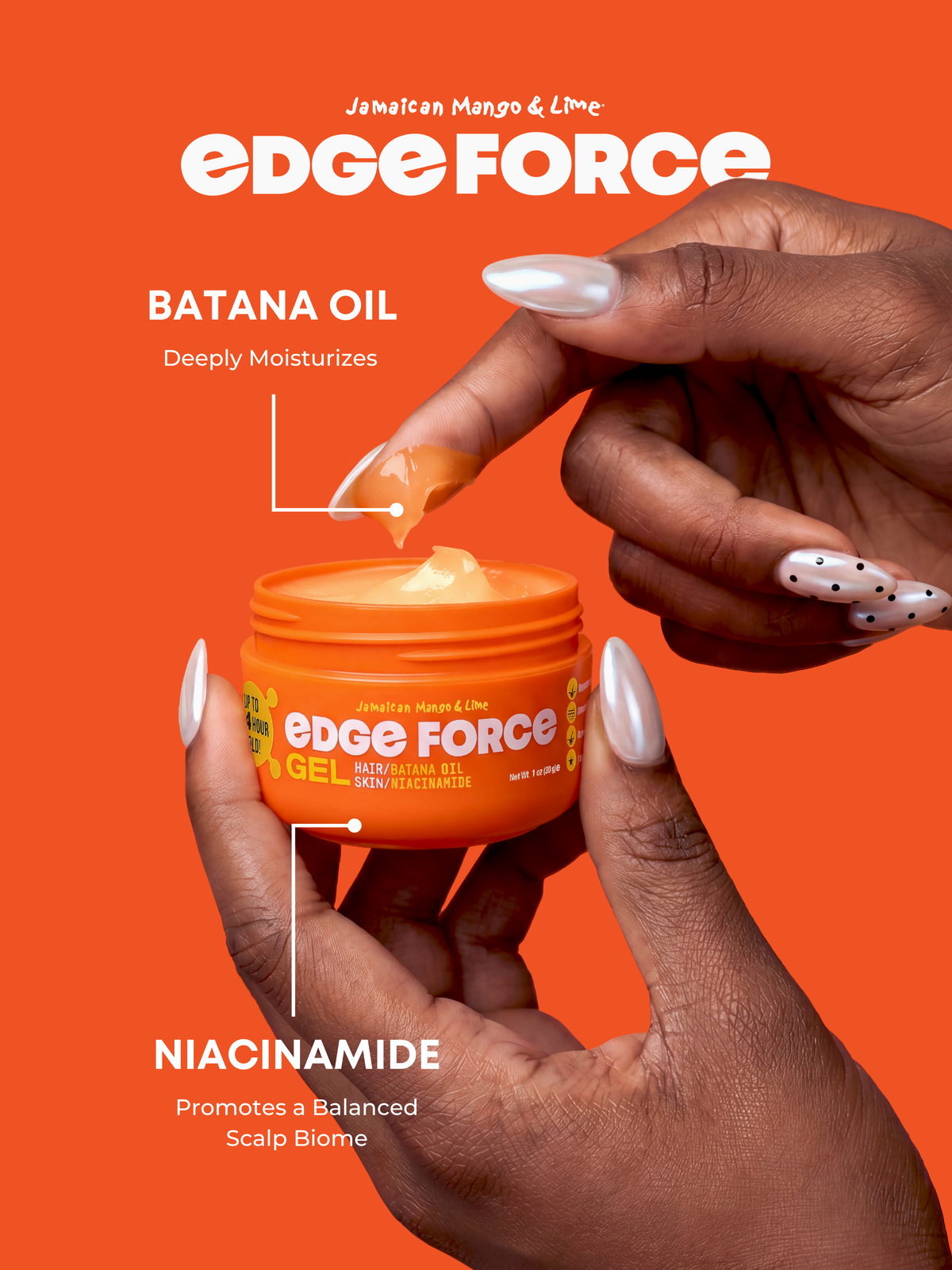 EdgeForce Gel - Batana Oil 1oz jar flavor callout, hands applying orange gel with brush