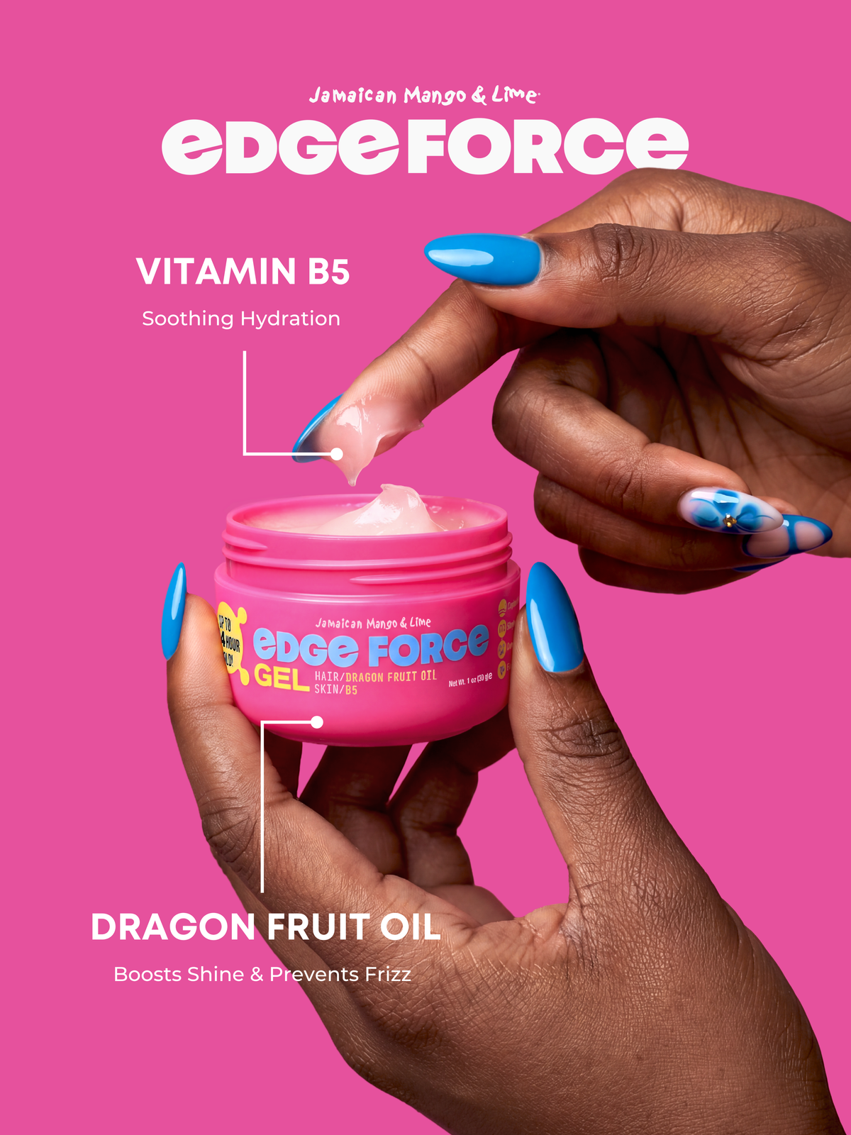 EdgeForce Gel - Dragon Fruit Oil 1oz jar flavor callout, hands applying pink gel with brush