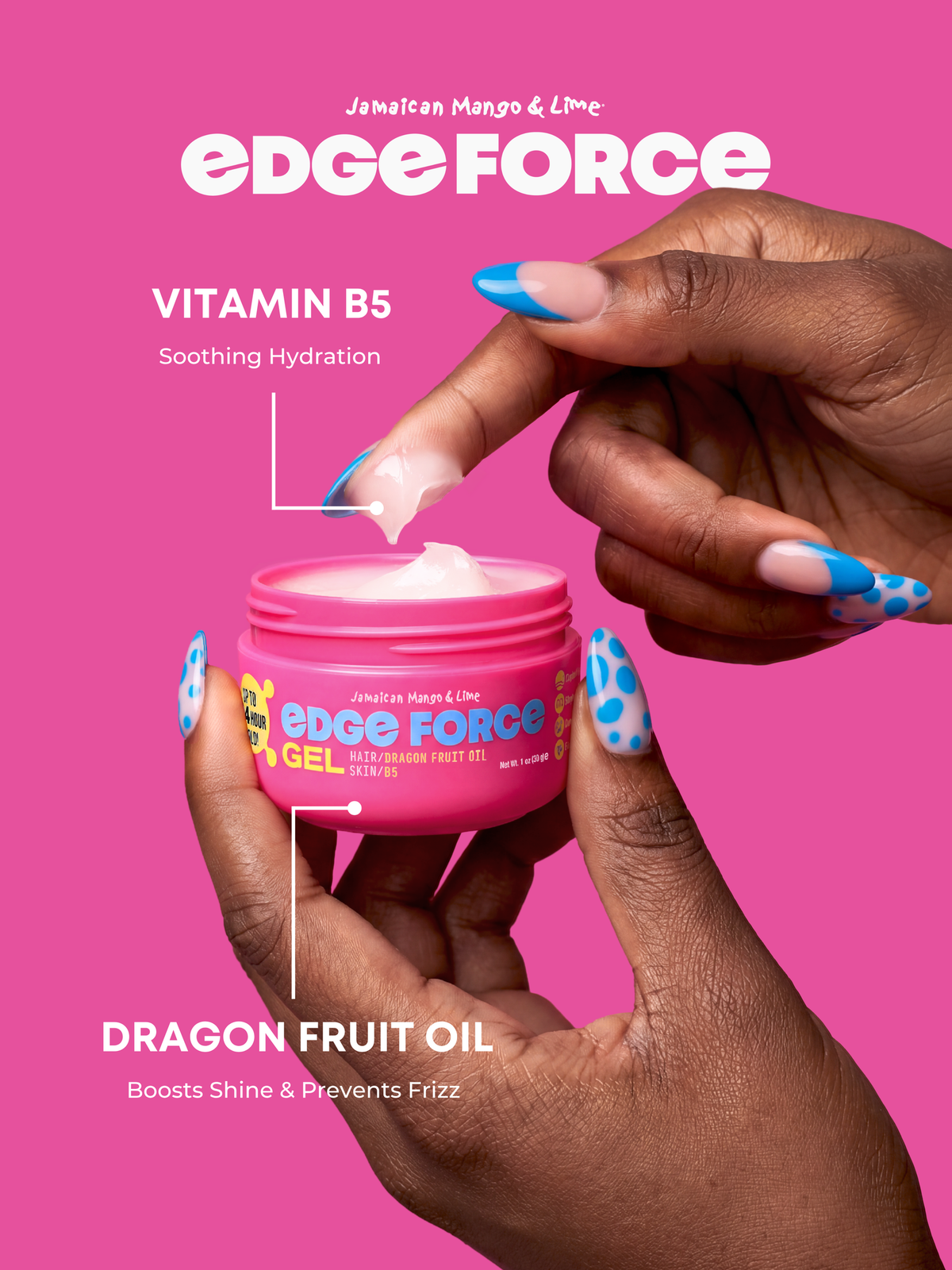 EdgeForce Gel - Dragon Fruit Oil 1oz jar flavor callout, hands applying pink gel with brush