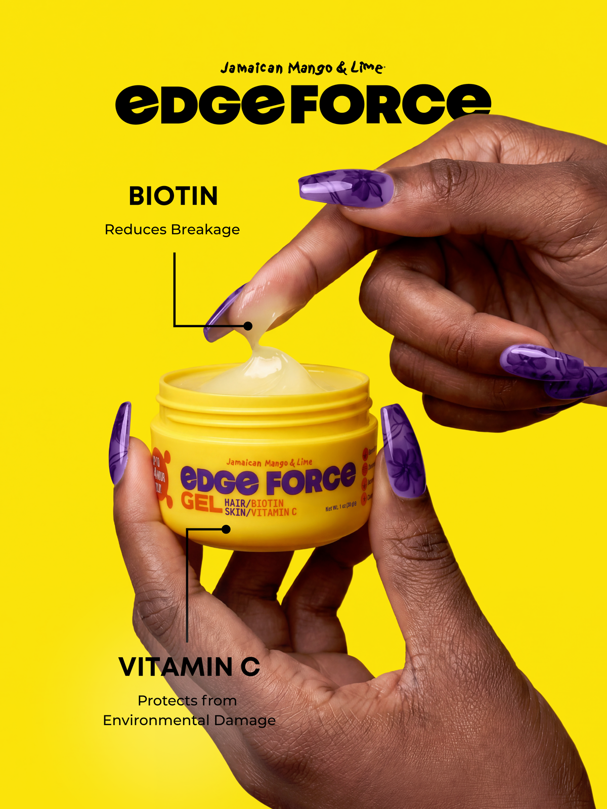 EdgeForce Gel - Biotin 1oz jar flavor callout, hand applying yellow gel with brush