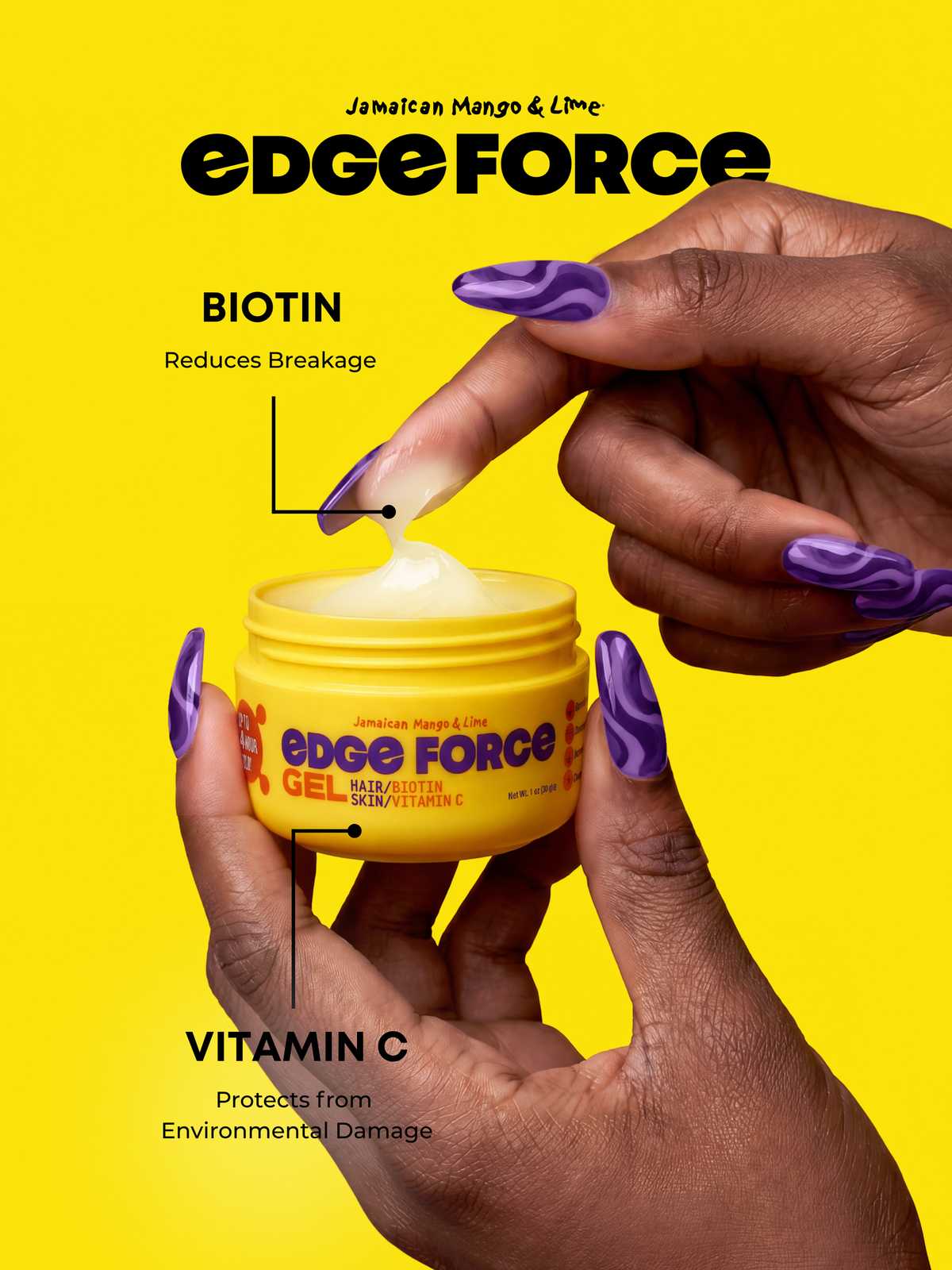 EdgeForce Gel - Biotin 1oz jar flavor callout, hand applying yellow gel with brush