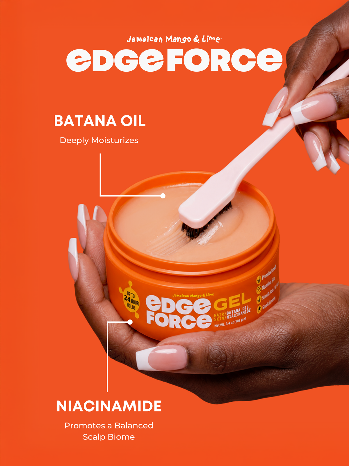 EdgeForce Gel - Batana Oil 3.4oz jar flavor callout, hands applying orange gel with brush