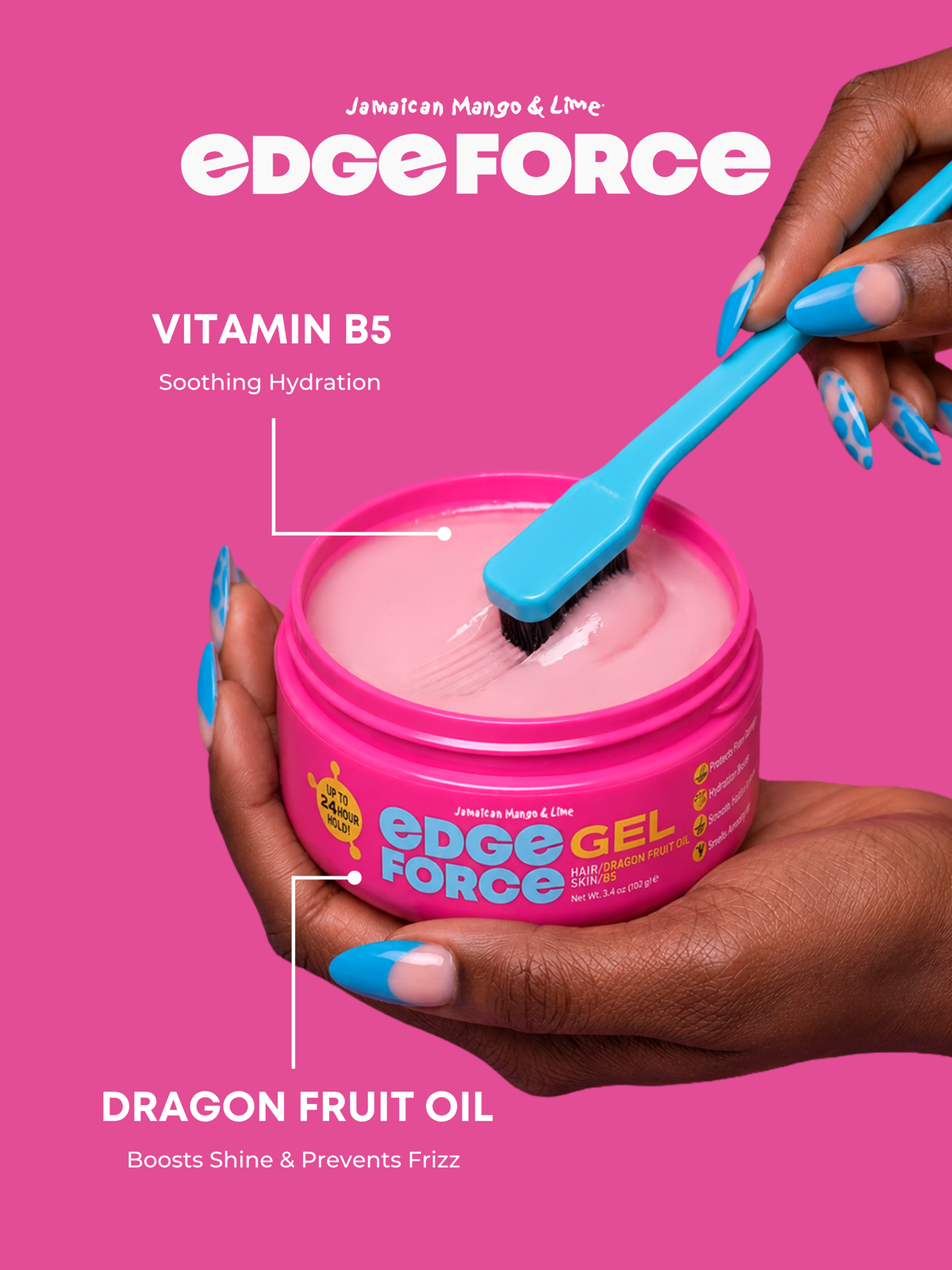 EdgeForce Gel - Dragon Fruit Oil 3.4oz jar flavor callout, hands applying pink gel with brush