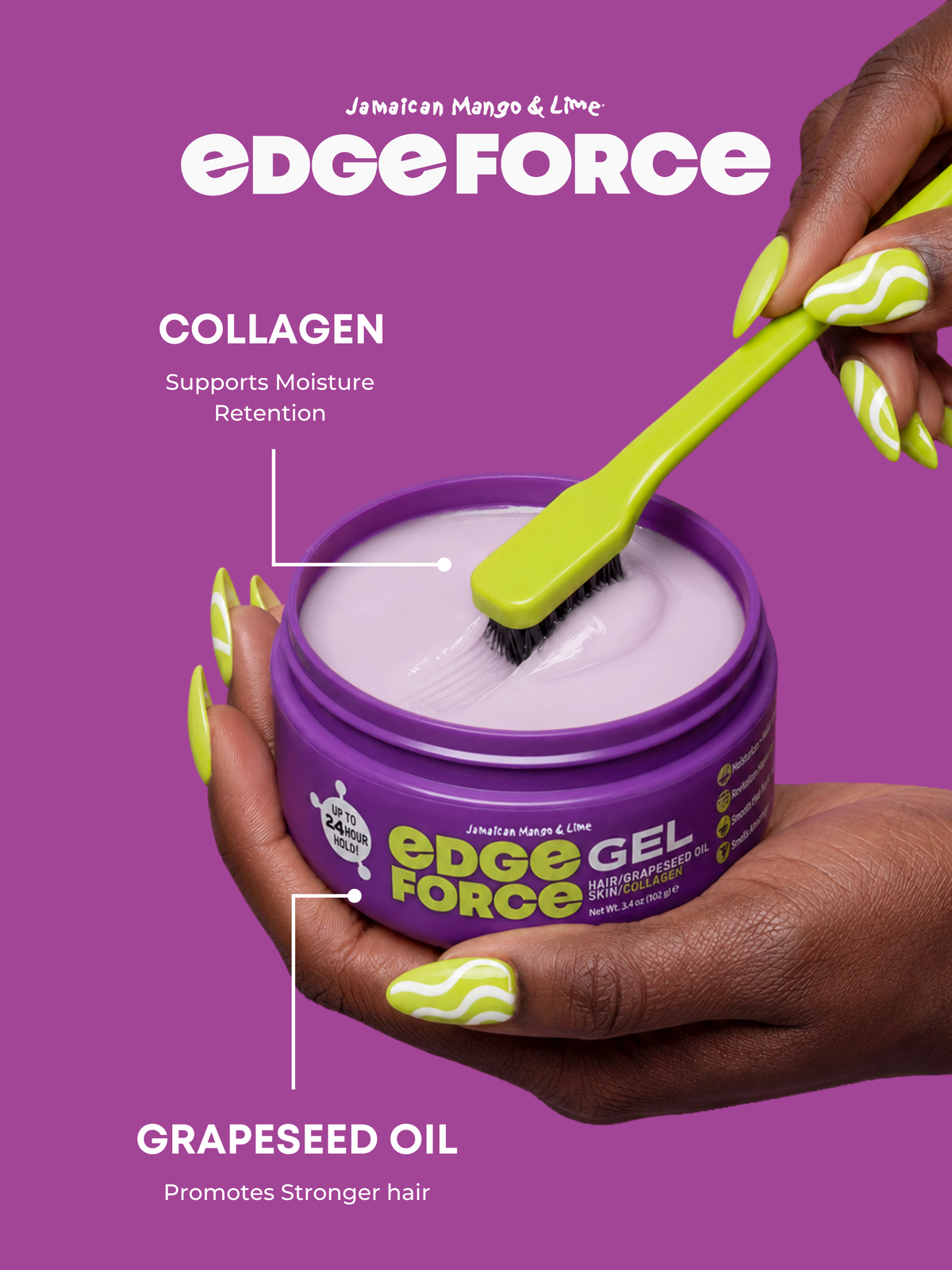 EdgeForce Gel - Grapeseed Oil 3.4oz jar flavor callout, hand applying purple gel with brush