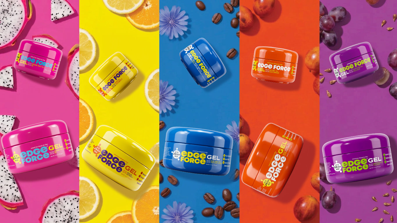 EdgeForce Gel launch banner, five flavor jars on rainbow background