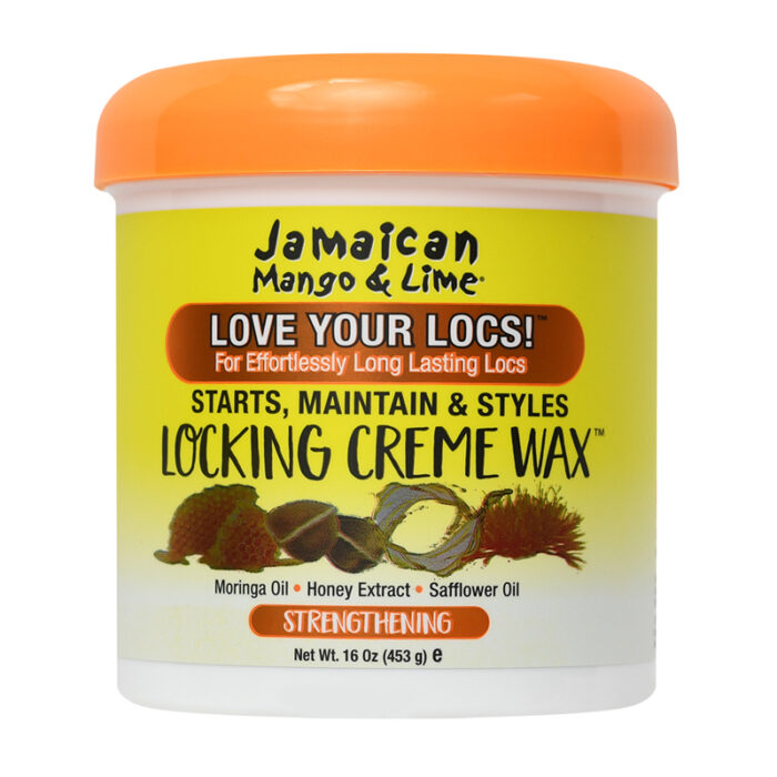 Jamaican Mango & Lime Locking Firm Wax, 16oz. A firm wax used to start and maintain styles with a long-lasting, firm hold and residue-free finish. Packaged in a larger white jar with an orange cap and a yellow label featuring bold black and white text and orange accents.