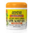 Jamaican Mango & Lime Cool Scalp Gel, 6oz. A gel used to start and maintain styles for braids, locs and twists while binding and sealing in moisture with a cooling sensation to soothe the scalp. Packaged in a white jar with an orange cap and a yellow label featuring bold black and white text and orange accents.