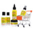 A novelty silver shopping cart with orange accents holds travel-sized, TSA-approved Jamaican Mango & Lime hair care products. Includes Island Oil (2 oz) in a translucent bottle with an applicator tip, Tingle Shampoo (2 oz) and Protein Conditioner (2 oz) in white bottles with orange flip-top caps, No More Itch Gro Spray (2 oz) in a white spray bottle, and 5-n-1 Loc Down Gel (1.5 oz) in a white jar with a black cap. Each product features a yellow label with bold black text and orange accents.